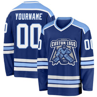 Custom Hockey Jersey, Royal White Light Blue Sportswear Jersey Shirt, Athletic Long Sleeve V Neck Jersey, Casual Gift for Men, Style Royal0391