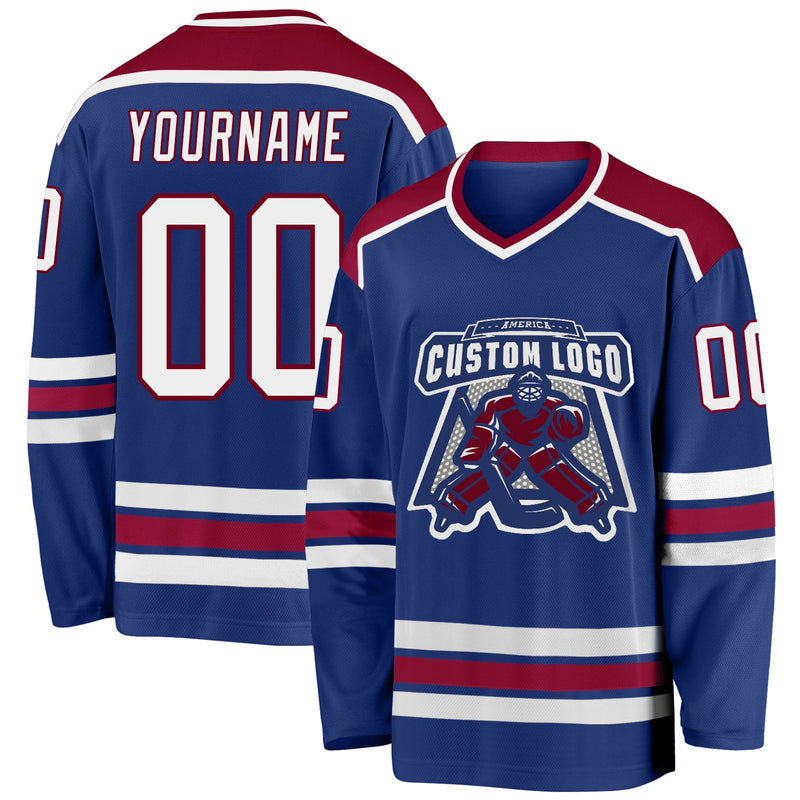 Custom Hockey Jersey, Royal White Maroon Sportswear Jersey Shirt, Athletic Long Sleeve V Neck Jersey, Casual Gift for Men