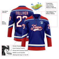 Custom Hockey Jersey, Royal White Red Sportswear Jersey Shirt, Athletic Long Sleeve V Neck Jersey, Casual Gift for Men, Style Royal0569