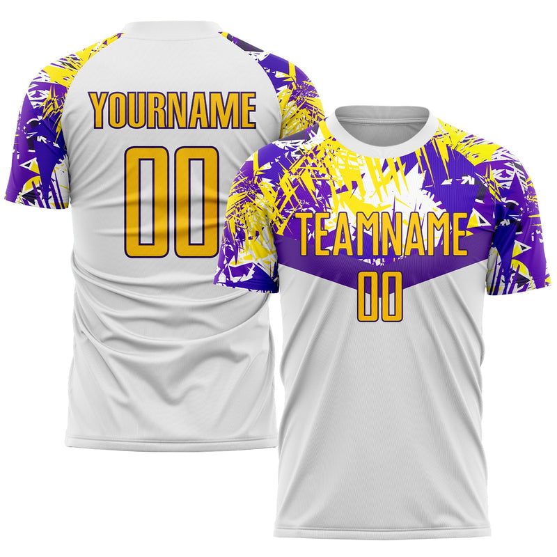 Custom Soccer Jersey, White Gold Purple Sportswear Jersey Shirt, Athletic Mesh Moisture Wicking Jersey, Casual Gift for Men