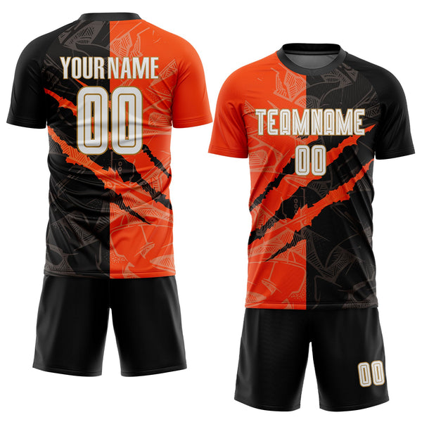 Custom Graffiti Pattern White Black Orange-Old Gold Scratch Sublimation Soccer Uniform Jersey