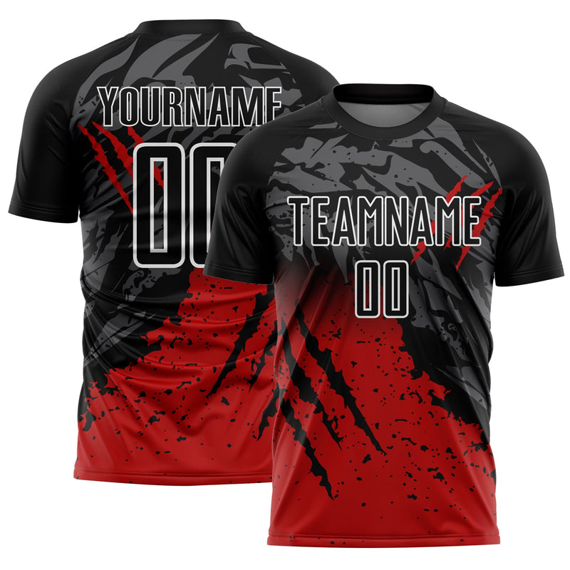 Custom Soccer Jersey, Black Red White Sportswear Jersey Shirt, Athletic Mesh Moisture Wicking Jersey, Casual Gift for Men, Style Soccer2722
