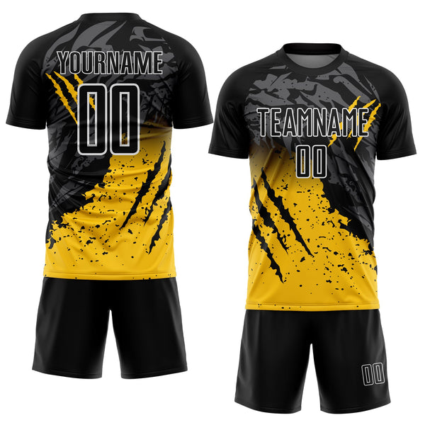 Custom Black Yellow-White Gradient Scratch Splash Sublimation Soccer Uniform Jersey