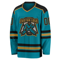 Custom Hockey Jersey, Teal Black Old Gold Sportswear Jersey Shirt, Athletic Long Sleeve V Neck Jersey, Casual Gift for Men