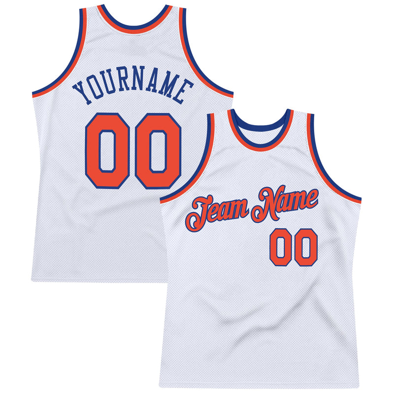 Custom Basketball Jersey, White Orange Royal Authentic Sportswear Jersey Shirt, Athletic Mesh Moisture Wicking Jersey, Casual Gift for Men
