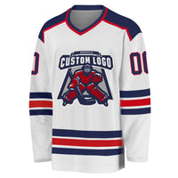 Custom Hockey Jersey, White Navy Red Sportswear Jersey Shirt, Athletic Long Sleeve V Neck Jersey, Casual Gift for Men