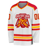 Custom Hockey Jersey, White Red Gold Sportswear Jersey Shirt, Athletic Long Sleeve V Neck Jersey, Casual Gift for Men, Style White1052