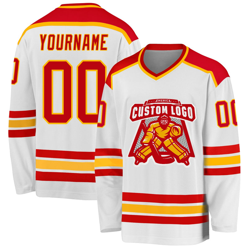 Custom Hockey Jersey, White Red Gold Sportswear Jersey Shirt, Athletic Long Sleeve V Neck Jersey, Casual Gift for Men, Style White1052