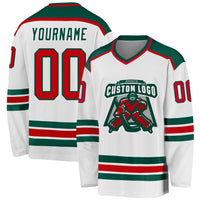 Custom Hockey Jersey, White Red Green Sportswear Jersey Shirt, Athletic Long Sleeve V Neck Jersey, Casual Gift for Men