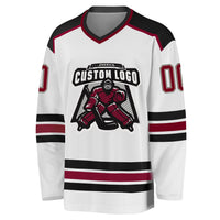 Custom Hockey Jersey, White Maroon Cream Sportswear Jersey Shirt, Athletic Long Sleeve V Neck Jersey, Casual Gift for Men