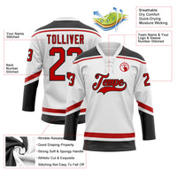Custom Hockey Jersey, White Red Black Sportswear Jersey Shirt, Athletic Long Sleeve V Neck Jersey, Casual Gift for Men, Style White1445