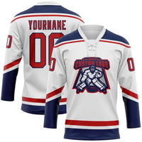 Custom Hockey Jersey, White Red Navy Sportswear Jersey Shirt, Athletic Long Sleeve V Neck Jersey, Casual Gift for Men