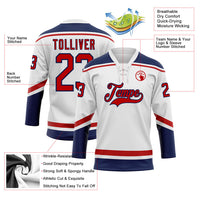 Custom Hockey Jersey, White Red Navy Sportswear Jersey Shirt, Athletic Long Sleeve V Neck Jersey, Casual Gift for Men