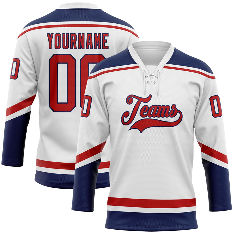 Custom Hockey Jersey, White Red Navy Sportswear Jersey Shirt, Athletic Long Sleeve V Neck Jersey, Casual Gift for Men