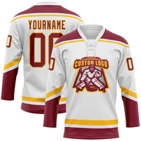 Custom Hockey Jersey, White Crimson Gold Sportswear Jersey Shirt, Athletic Long Sleeve V Neck Jersey, Casual Gift for Men