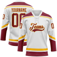 Custom Hockey Jersey, White Crimson Gold Sportswear Jersey Shirt, Athletic Long Sleeve V Neck Jersey, Casual Gift for Men