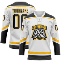 Custom Hockey Jersey, White Black Gold Sportswear Jersey Shirt, Athletic Long Sleeve V Neck Jersey, Casual Gift for Men, Style White1492