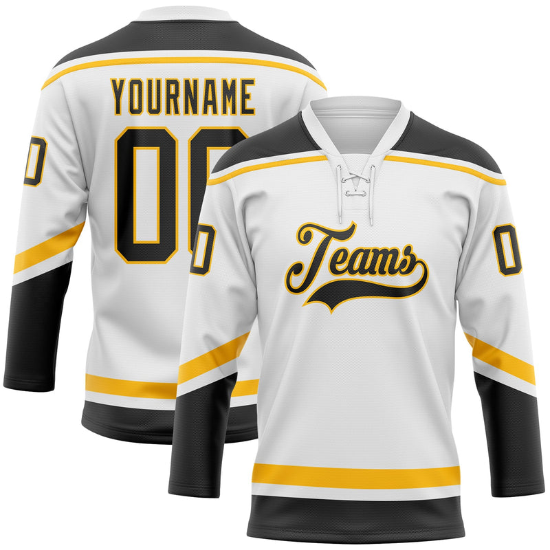 Custom Hockey Jersey, White Black Gold Sportswear Jersey Shirt, Athletic Long Sleeve V Neck Jersey, Casual Gift for Men, Style White1492