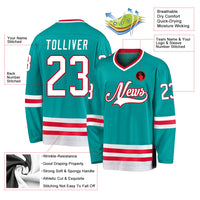Custom Hockey Jersey, Aqua White Red Sportswear Jersey Shirt, Athletic Long Sleeve V Neck Jersey, Casual Gift for Men