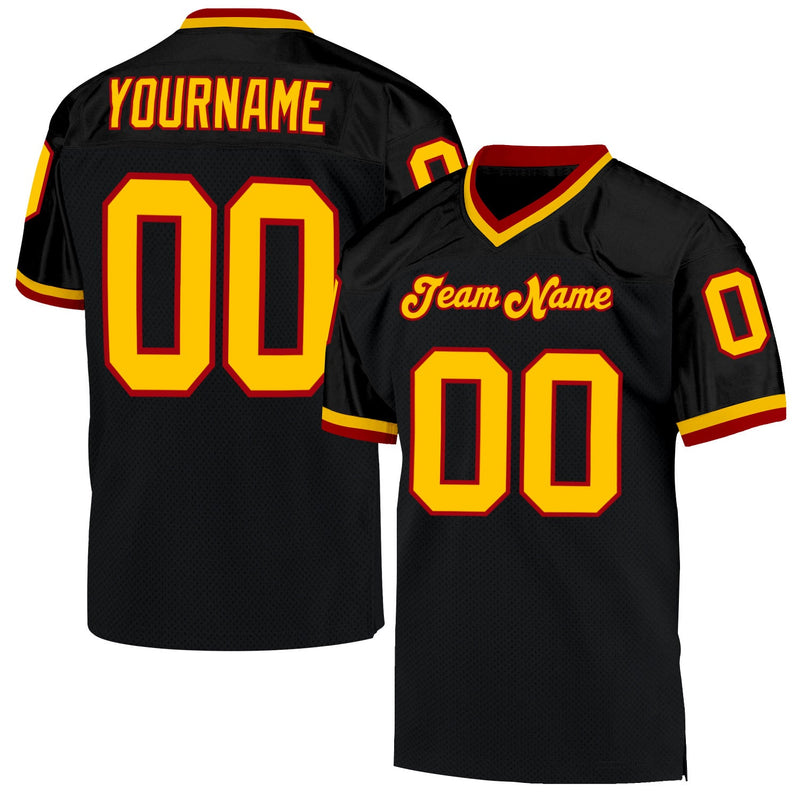 Custom Football Jersey, Black Gold Red Sportswear Jersey Shirt, Athletic Mesh Moisture Wicking Jersey, Casual Gift for Men, Style Black0416