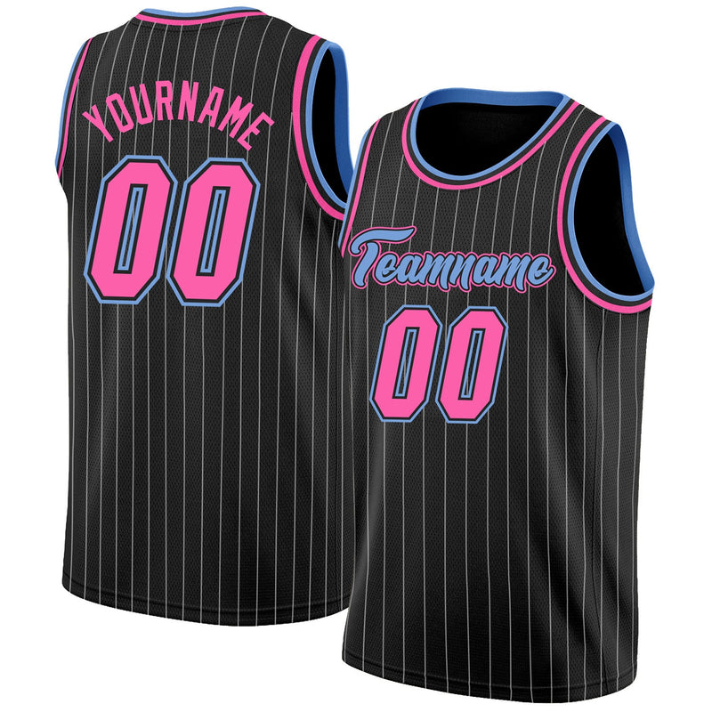 Custom Basketball Jersey, Black White Pink Pinstripe Sportswear Jersey Shirt, Athletic Mesh Moisture Wicking Jersey, Casual Gift for Men