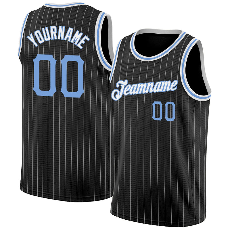 Custom Basketball Jersey, Black White Light Blue Pinstripe Sportswear Jersey Shirt, Athletic Mesh Moisture Wicking Jersey, Casual Gift for Men