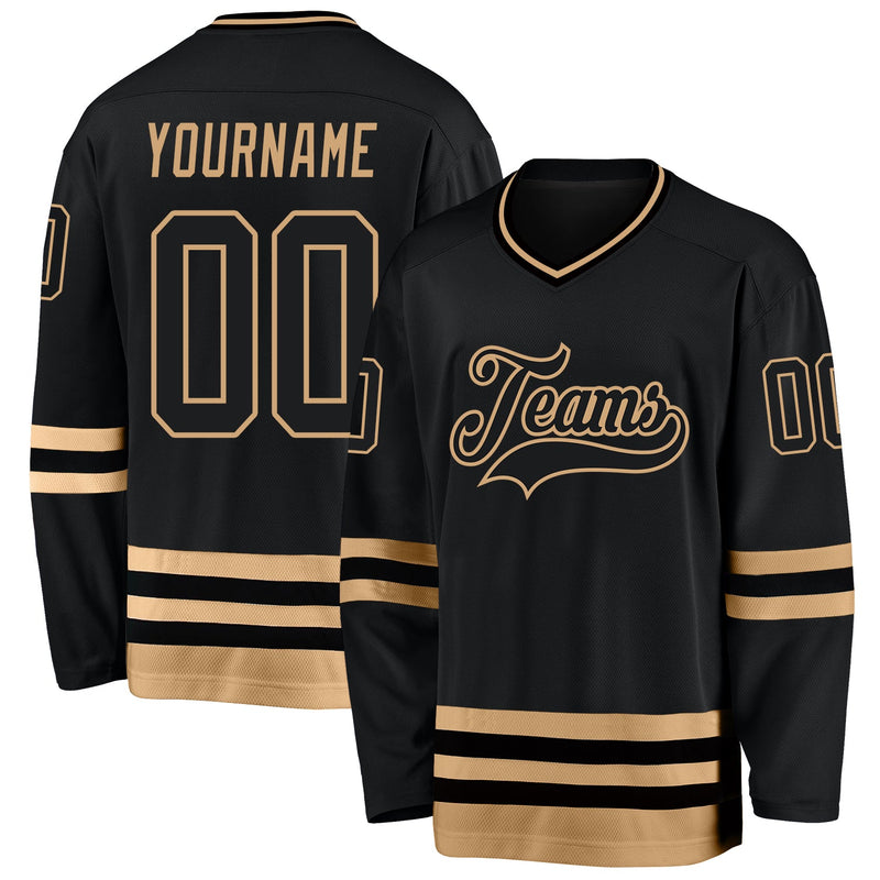 Custom Hockey Jersey, Black Old Gold Sportswear Jersey Shirt, Athletic Long Sleeve V Neck Jersey, Casual Gift for Men, Style Black0540