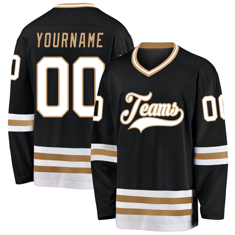 Custom Hockey Jersey, Black White Old Gold Sportswear Jersey Shirt, Athletic Long Sleeve V Neck Jersey, Casual Gift for Men