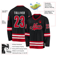 Custom Hockey Jersey, Black Red White Sportswear Jersey Shirt, Athletic Long Sleeve V Neck Jersey, Casual Gift for Men, Style Black0595