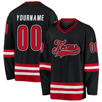 Custom Hockey Jersey, Black Red White Sportswear Jersey Shirt, Athletic Long Sleeve V Neck Jersey, Casual Gift for Men, Style Black0595