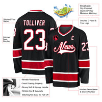Custom Hockey Jersey, Black White Red Sportswear Jersey Shirt, Athletic Long Sleeve V Neck Jersey, Casual Gift for Men, Style Black0664