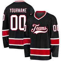 Custom Hockey Jersey, Black White Red Sportswear Jersey Shirt, Athletic Long Sleeve V Neck Jersey, Casual Gift for Men, Style Black0664