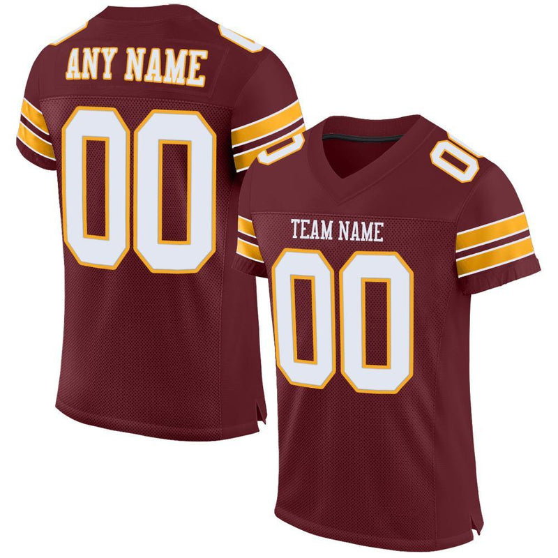 Custom Football Jersey, Burgundy White Gold Sportswear Jersey Shirt, Athletic Mesh Moisture Wicking Jersey, Casual Gift for Men