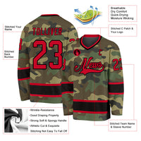 Custom Hockey Jersey, Red Black Sportswear Jersey Shirt, Athletic Long Sleeve V Neck Jersey, Casual Gift for Men, Style Camo0097