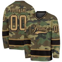 Custom Hockey Jersey, Old Gold Black Sportswear Jersey Shirt, Athletic Long Sleeve V Neck Jersey, Casual Gift for Men, Style Camo0104