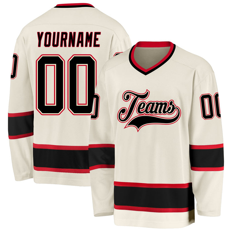 Custom Hockey Jersey, Cream Black Red Sportswear Jersey Shirt, Athletic Long Sleeve V Neck Jersey, Casual Gift for Men, Style Cream0158