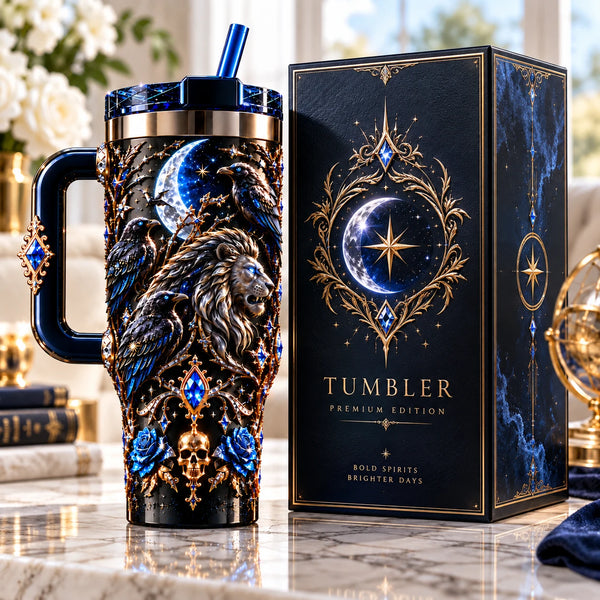 Moonlit Regalia - Gothic Lion and Raven Tumbler - main