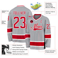 Custom Hockey Jersey, Gray Red White Sportswear Jersey Shirt, Athletic Long Sleeve V Neck Jersey, Casual Gift for Men