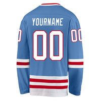 Custom Hockey Jersey, Light Blue White Red Sportswear Jersey Shirt, Athletic Long Sleeve V Neck Jersey, Casual Gift for Men