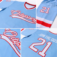 Custom Hockey Jersey, Light Blue White Red Sportswear Jersey Shirt, Athletic Long Sleeve V Neck Jersey, Casual Gift for Men