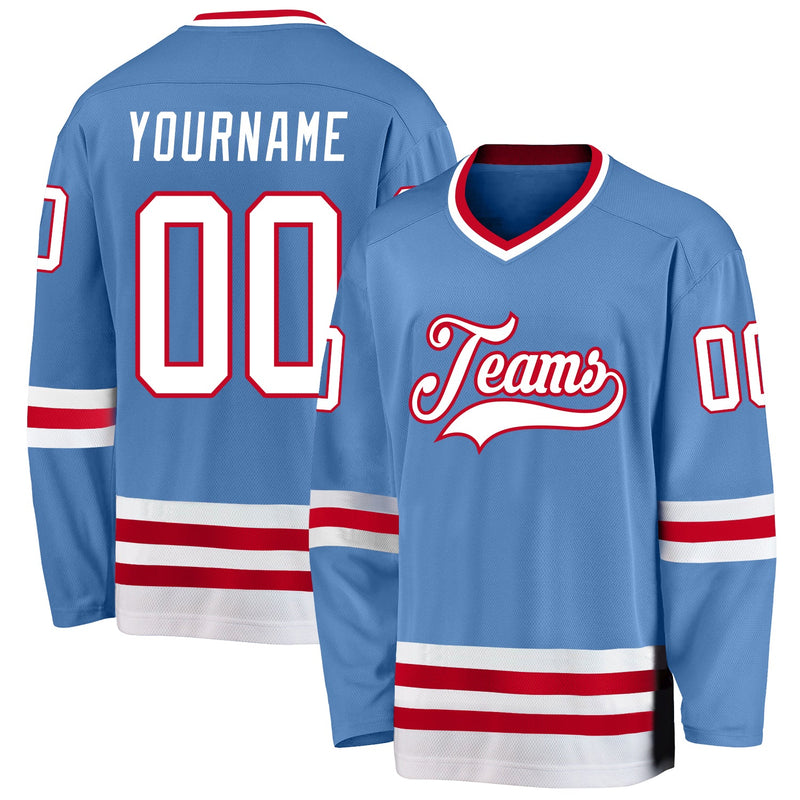 Custom Hockey Jersey, Light Blue White Red Sportswear Jersey Shirt, Athletic Long Sleeve V Neck Jersey, Casual Gift for Men
