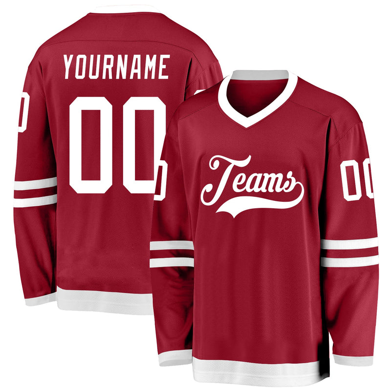 Custom Hockey Jersey, Maroon White Sportswear Jersey Shirt, Athletic Long Sleeve V Neck Jersey, Casual Gift for Men
