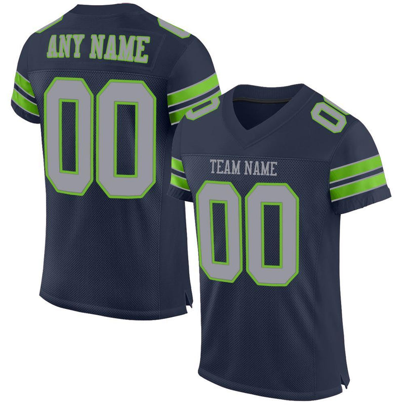 Custom Football Jersey, Navy Gray Neon Green Sportswear Jersey Shirt, Athletic Mesh Moisture Wicking Jersey, Casual Gift for Men