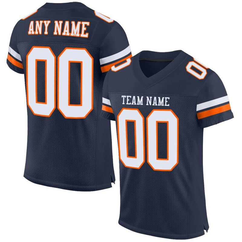 Custom Football Jersey, Navy White Orange Sportswear Jersey Shirt, Athletic Mesh Moisture Wicking Jersey, Casual Gift for Men, Style Navy0081