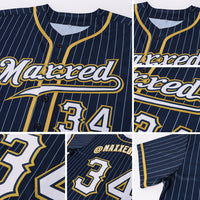 Custom Baseball Jersey, Navy White Old Gold Pinstripe Sportswear Jersey Shirt, Athletic Button Down Moisture Wicking Jersey, Casual Gift for Men