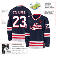Custom Hockey Jersey, Navy White Red Sportswear Jersey Shirt, Athletic Long Sleeve V Neck Jersey, Casual Gift for Men