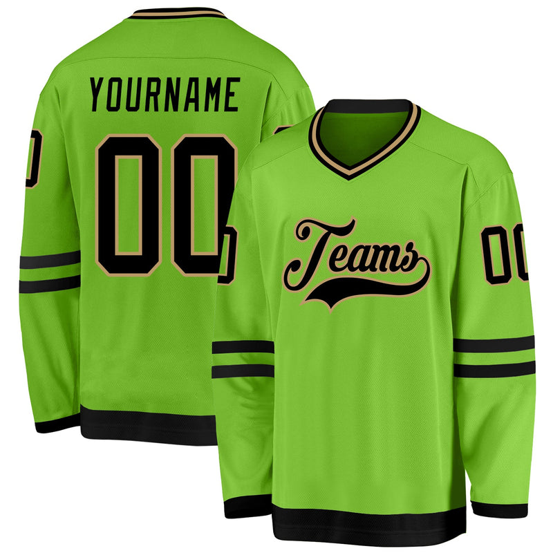Custom Hockey Jersey, Neon Green Black Old Gold Sportswear Jersey Shirt, Athletic Long Sleeve V Neck Jersey, Casual Gift for Men