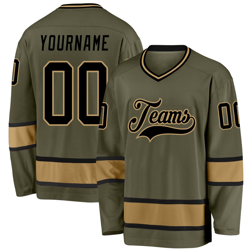 Custom Hockey Jersey, Black Old Gold Sportswear Jersey Shirt, Athletic Long Sleeve V Neck Jersey, Casual Gift for Men, Style Olive0085