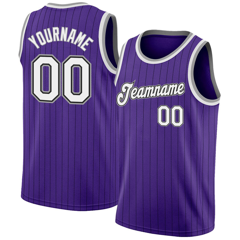 Custom Basketball Jersey, Purple Black White Pinstripe Sportswear Jersey Shirt, Athletic Mesh Moisture Wicking Jersey, Casual Gift for Men