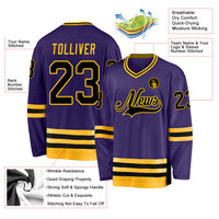 Custom Hockey Jersey, Purple Black Gold Sportswear Jersey Shirt, Athletic Long Sleeve V Neck Jersey, Casual Gift for Men, Style Purple0153